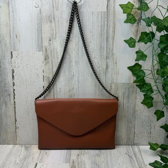 J. Crew Leather Envelope Clutch or Shoulder Bag Brown Antique Gold-Tone Chain - Picture 1 of 9